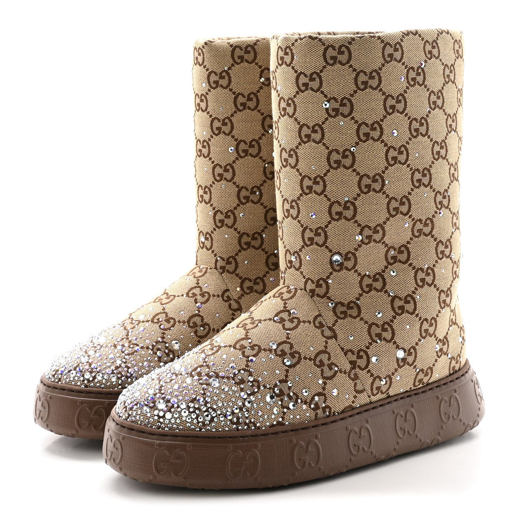 Gucci Monogram GG Strass Thermal Bootie 38.5 Camel Ebony