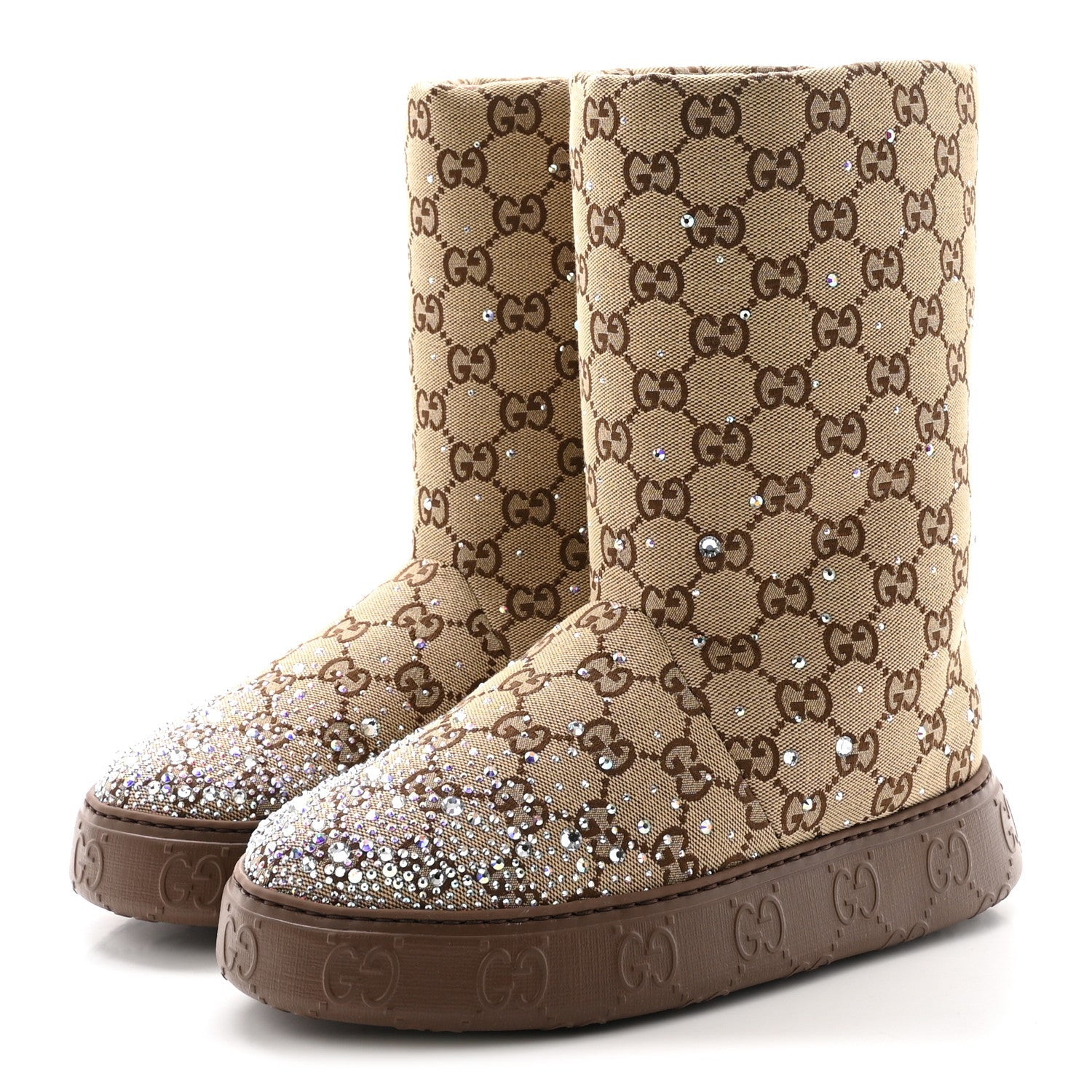 Gucci Monogram GG Strass Thermal Bootie 38.5 Camel Ebony