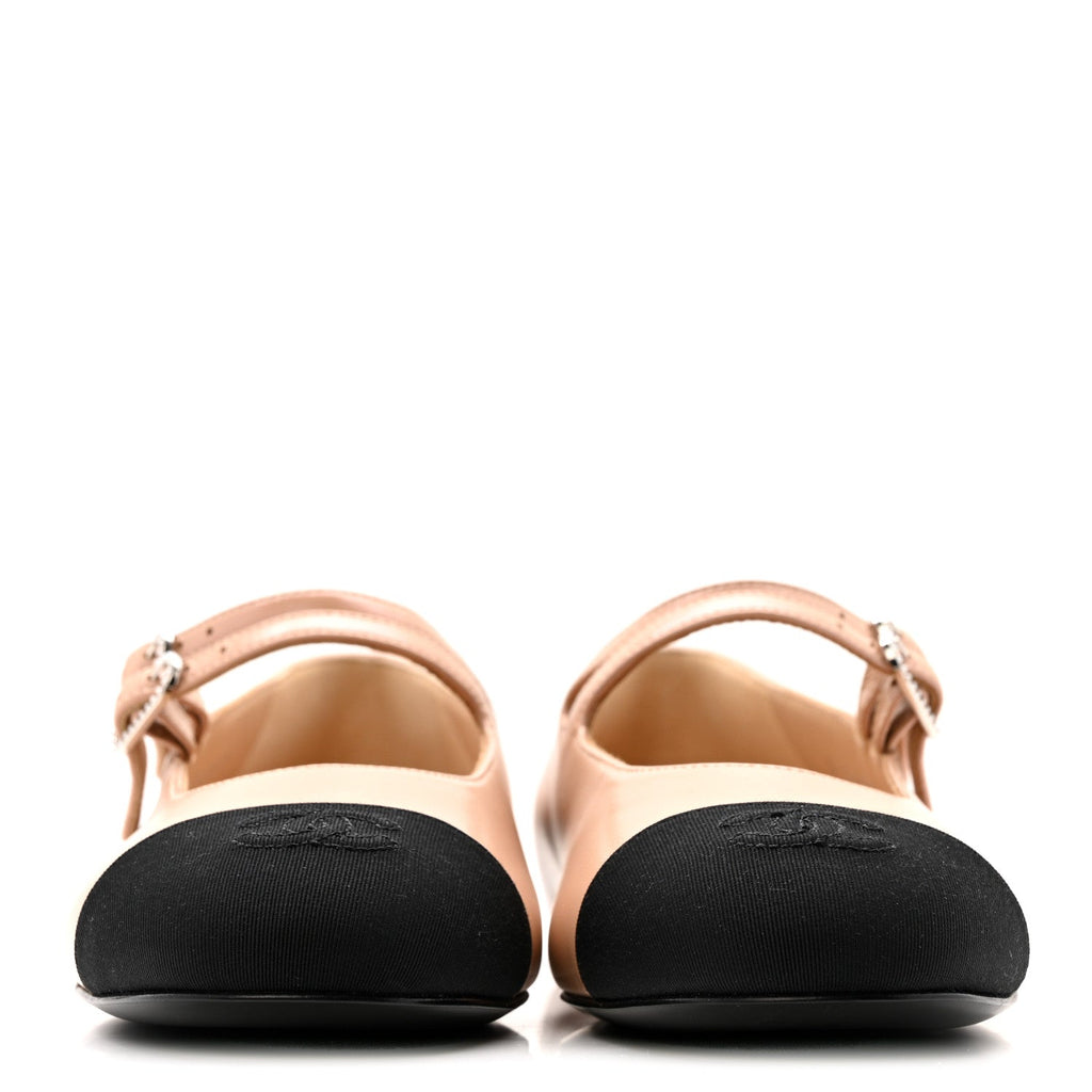 Lambskin Grosgrain Pearl Mary Jane Flats 38.5 Beige Black