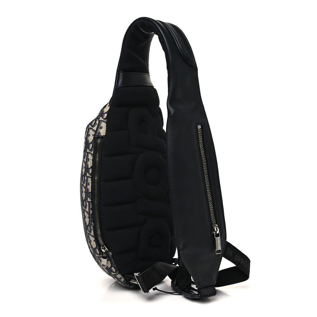 Christian Dior Grained Calfskin Oblique Scarab Sling Bag Blue Black