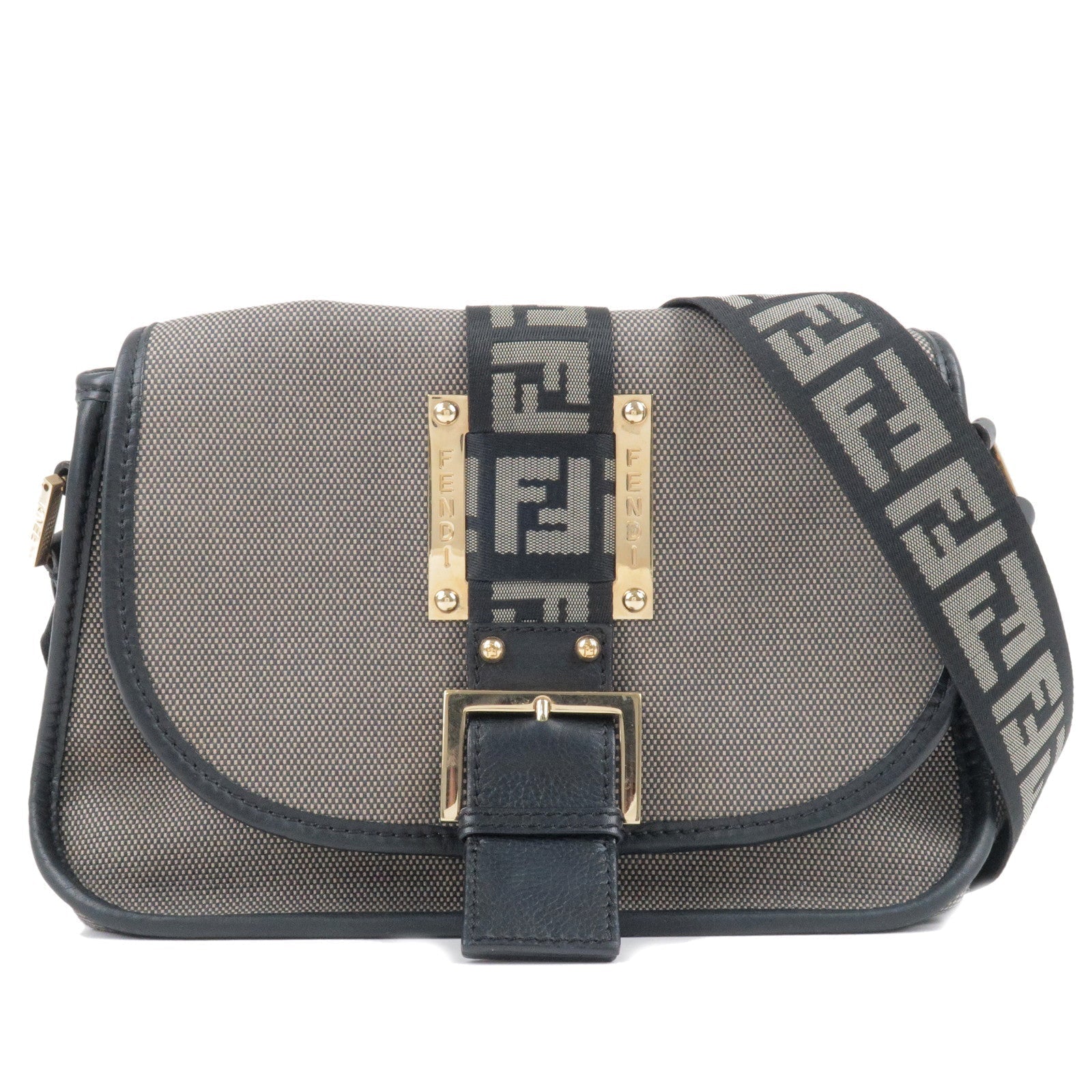 FENDI Zucca Canvas Leather Shoulder Bag Gray Black 8BT097