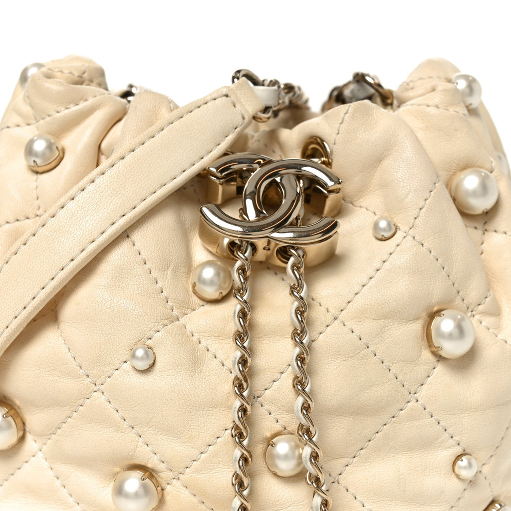 Chanel Lambskin Quilted Pearl Mini About Pearls Drawstring Bag White