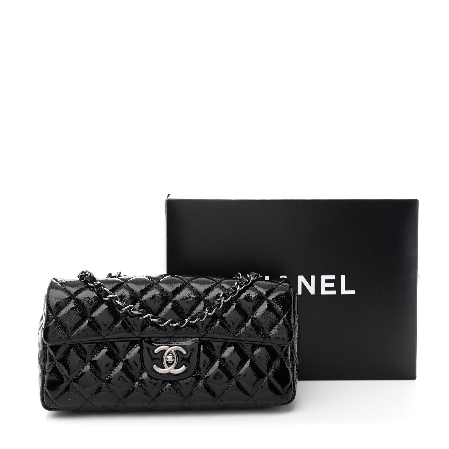 Chanel Crinkled Patent Quilted East West Flap Black