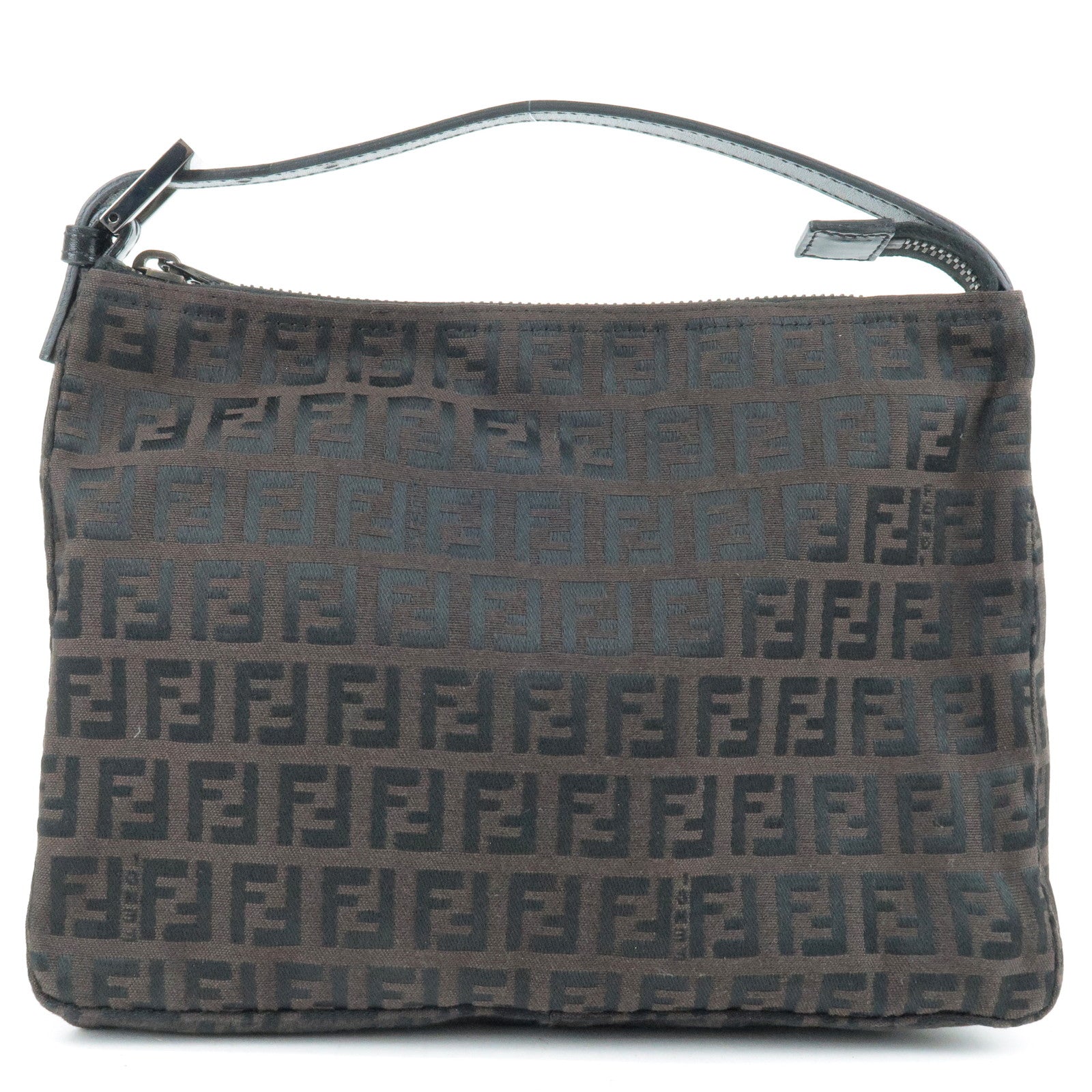 FENDI Zucchino Canvas Leather Hand Bag Pouch Dark Brown 8N0005