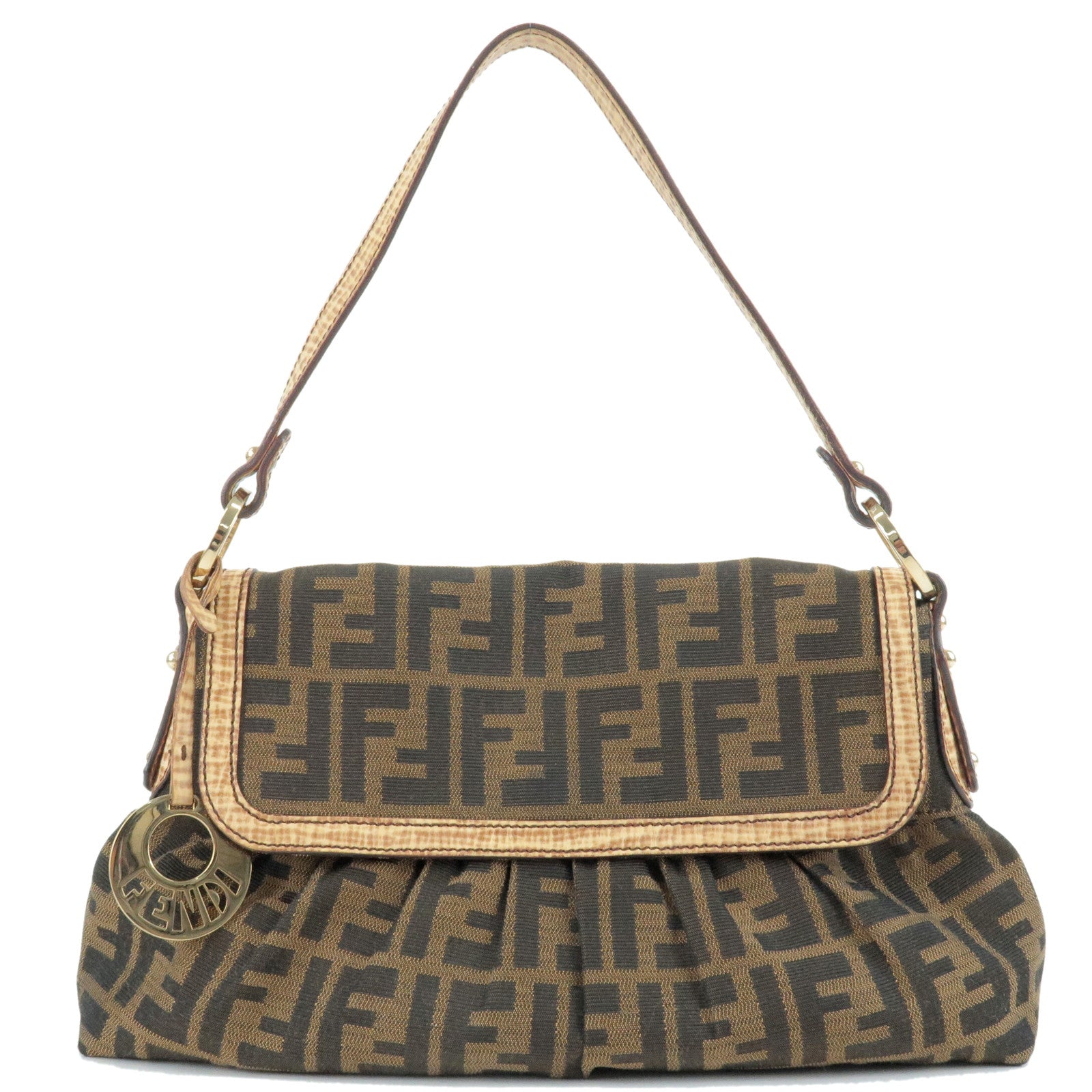 FENDI Zucca Canvas Leather Shoulder Bag Beige Brown 8BR445