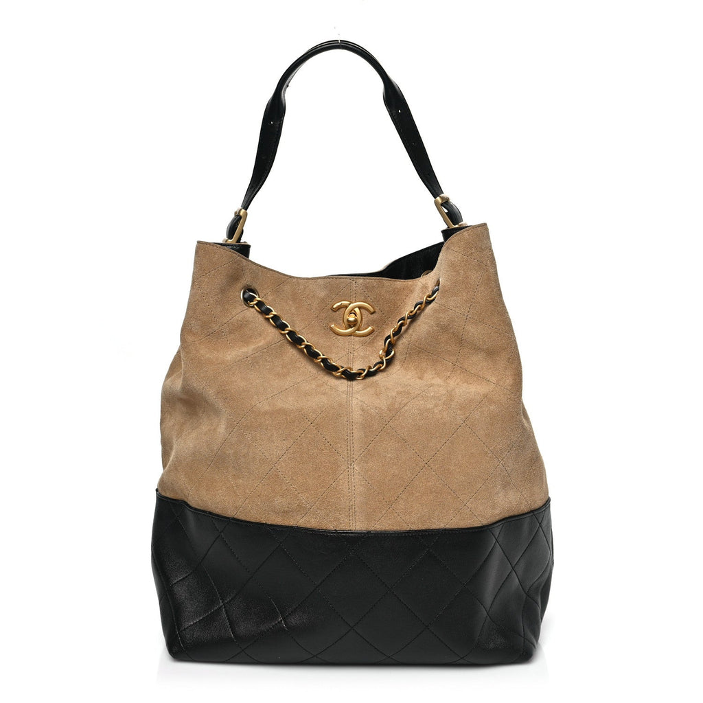 Chanel Suede Shiny Lambskin Quilted Large Shopping Bag Beige Black