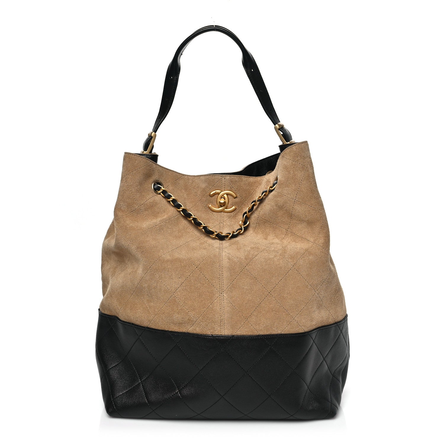Chanel Suede Shiny Lambskin Quilted Large Shopping Bag Beige Black