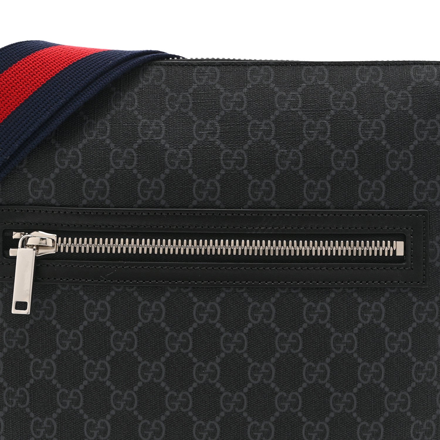 Gucci GG Supreme Monogram Web Small Flat Messenger Bag Black Grey