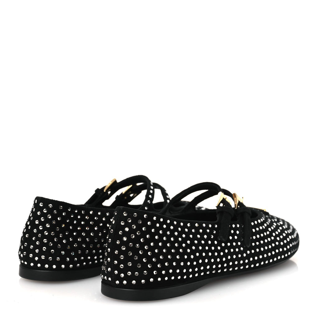 Prada Suede Crystal Studded Ballerina Flats 37 Black