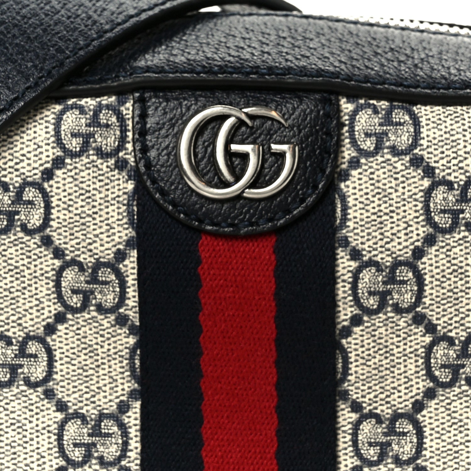 Gucci GG Supreme Monogram Textured Dollar Calfskin Web Small Ophidia Camera Bag Beige Blue
