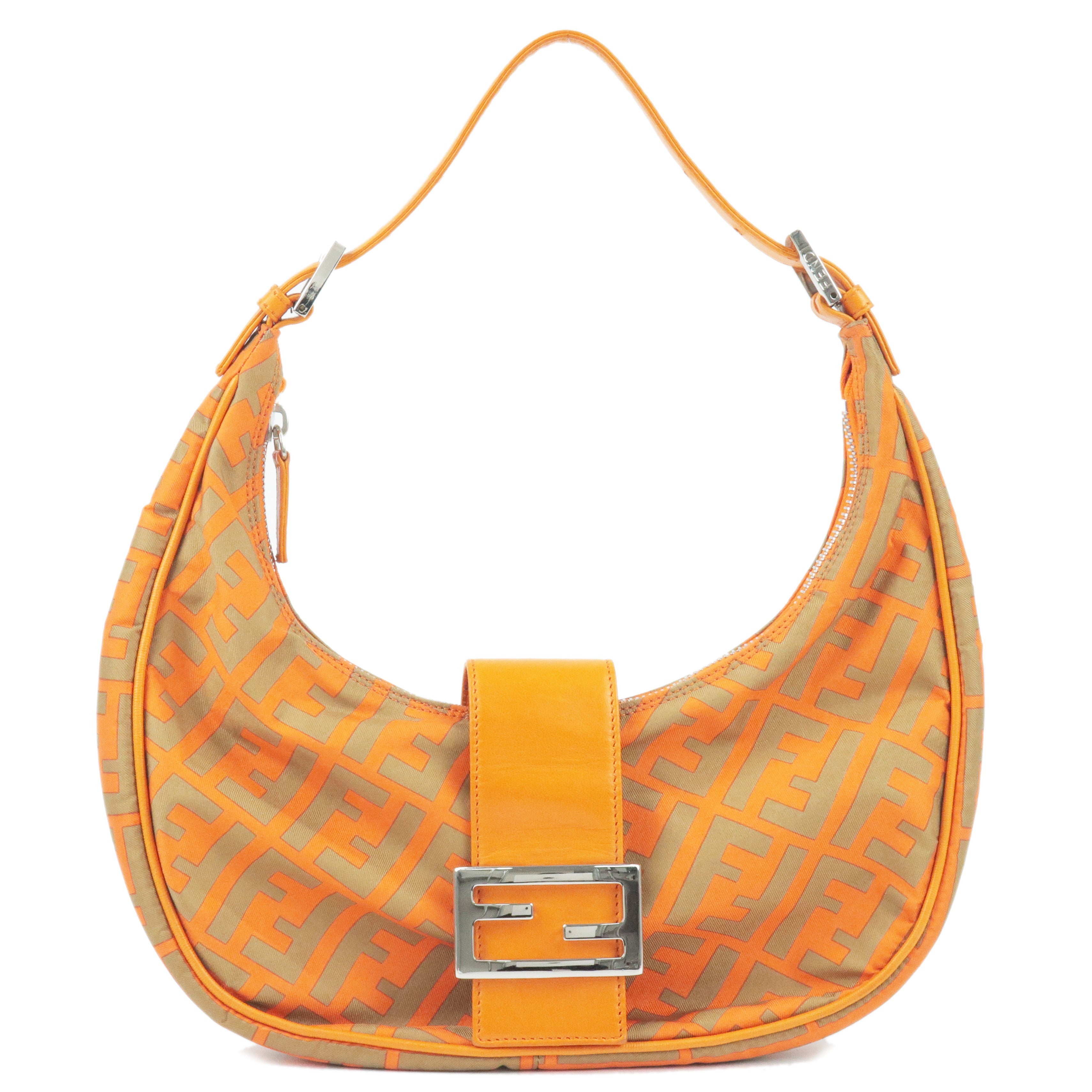 FENDI Zucca Nylon Leather Shoulder Bag Orange Khaki 09163211001