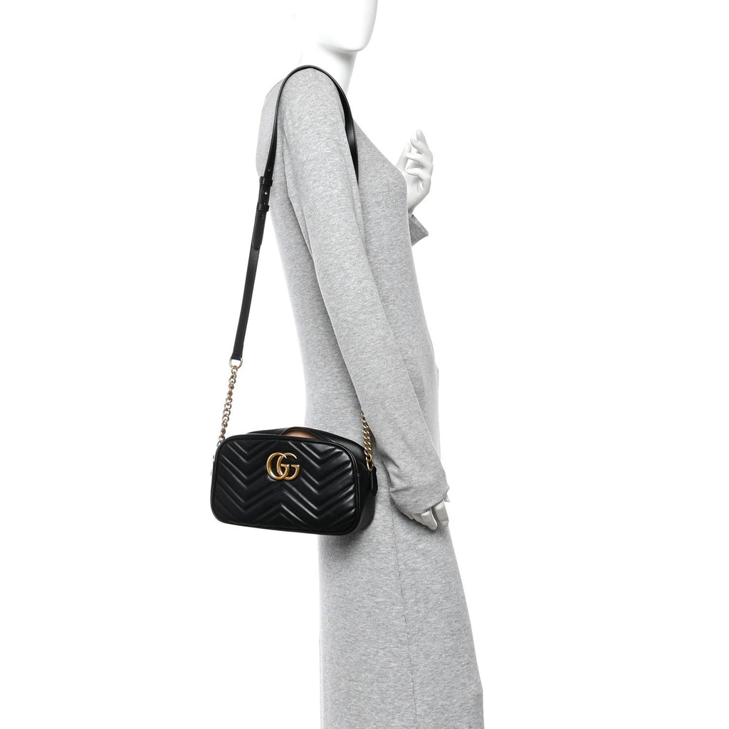 Gucci Calfskin Matelasse Small GG Marmont Chain Shoulder Bag Black