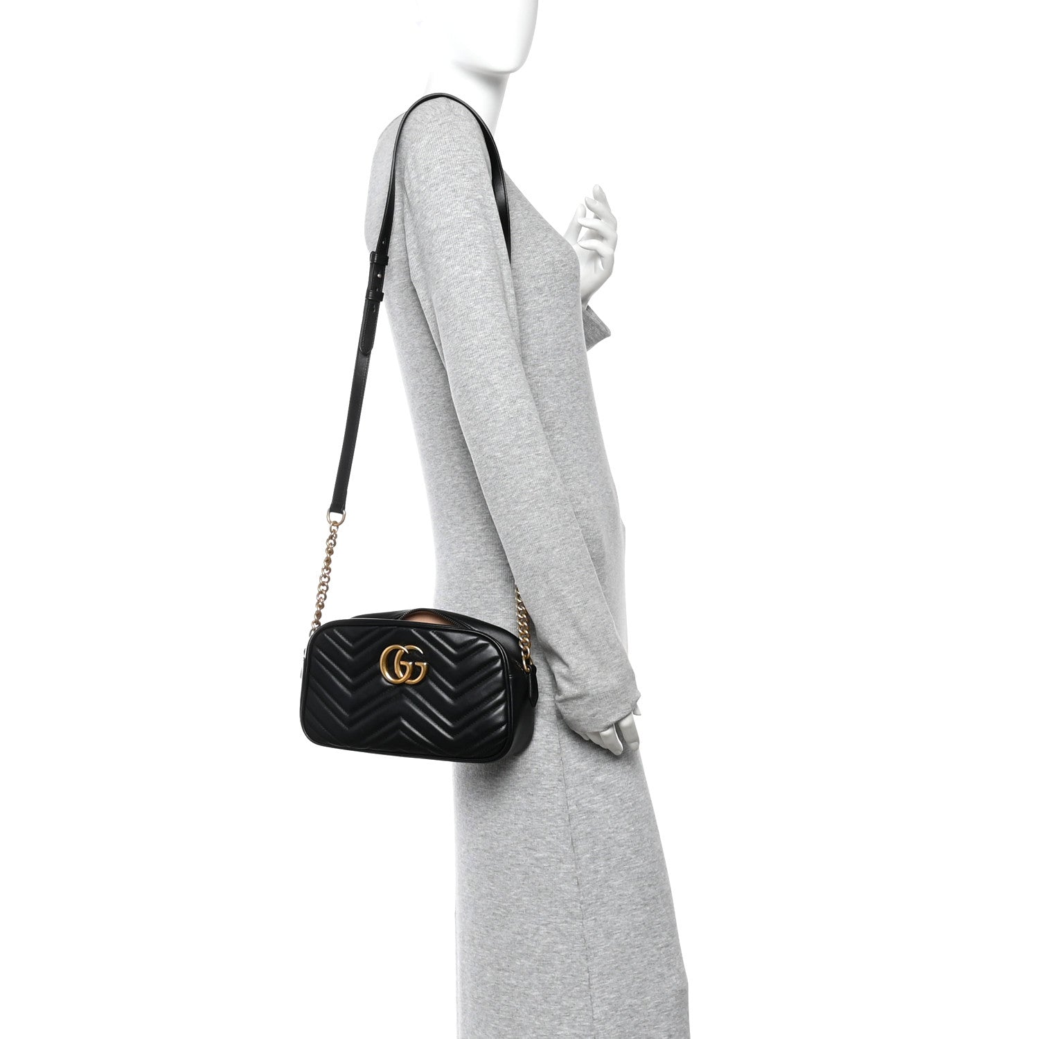 Gucci Calfskin Matelasse Small GG Marmont Chain Shoulder Bag Black