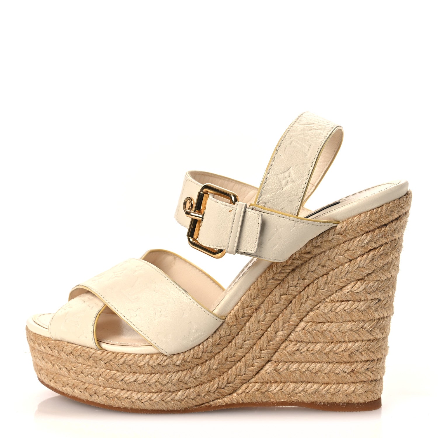 Louis Vuitton Calfskin Monogram Embossed Espadrille Wedge Sandals 36 White
