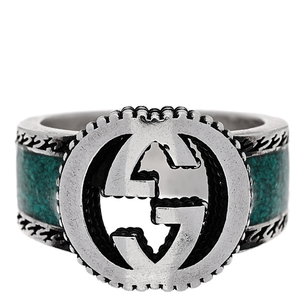 Gucci Sterling Silver Enamel Interlocking G Band Ring 50 5.25 Turquoise
