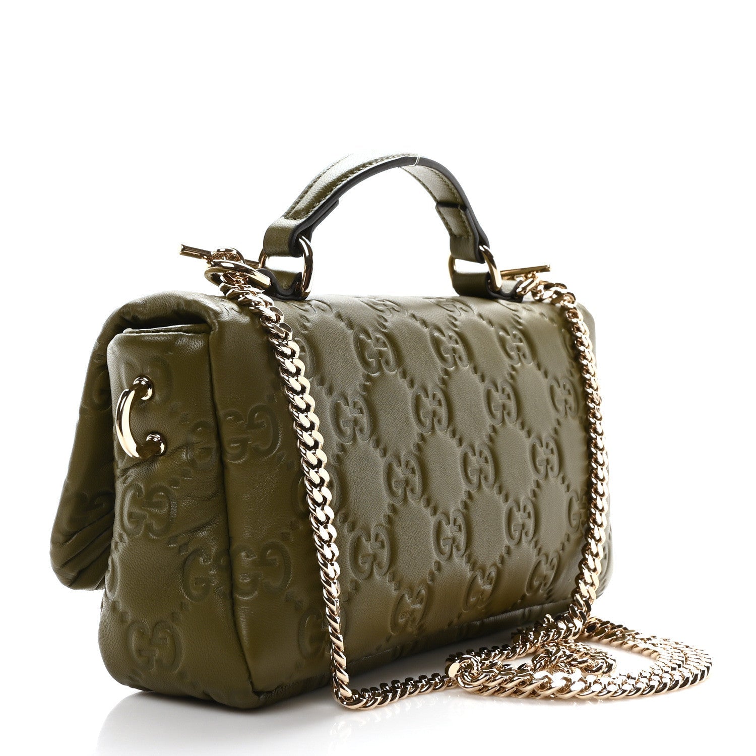 Gucci Lambskin Embossed Mini GG Milano Top Handle Shoulder Bag Green