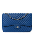 Chanel Caviar Chevron Quilted Jumbo Double Flap Blue