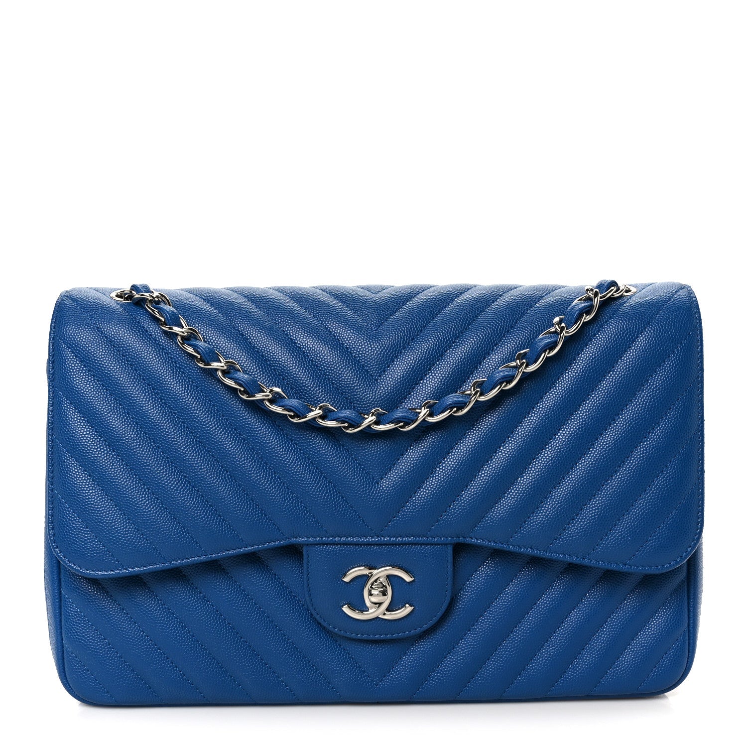 Chanel Caviar Chevron Quilted Jumbo Double Flap Blue