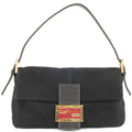 FENDI Suede Leather Mamma Baguette Shoulder Bag Black 26424
