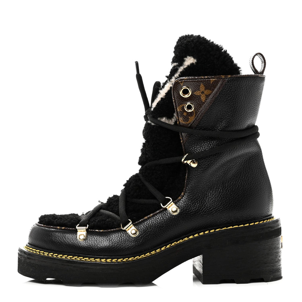 Louis Vuitton Grained Calfskin Shearling LV Beaubourg Ankle Boots 37.5 Black