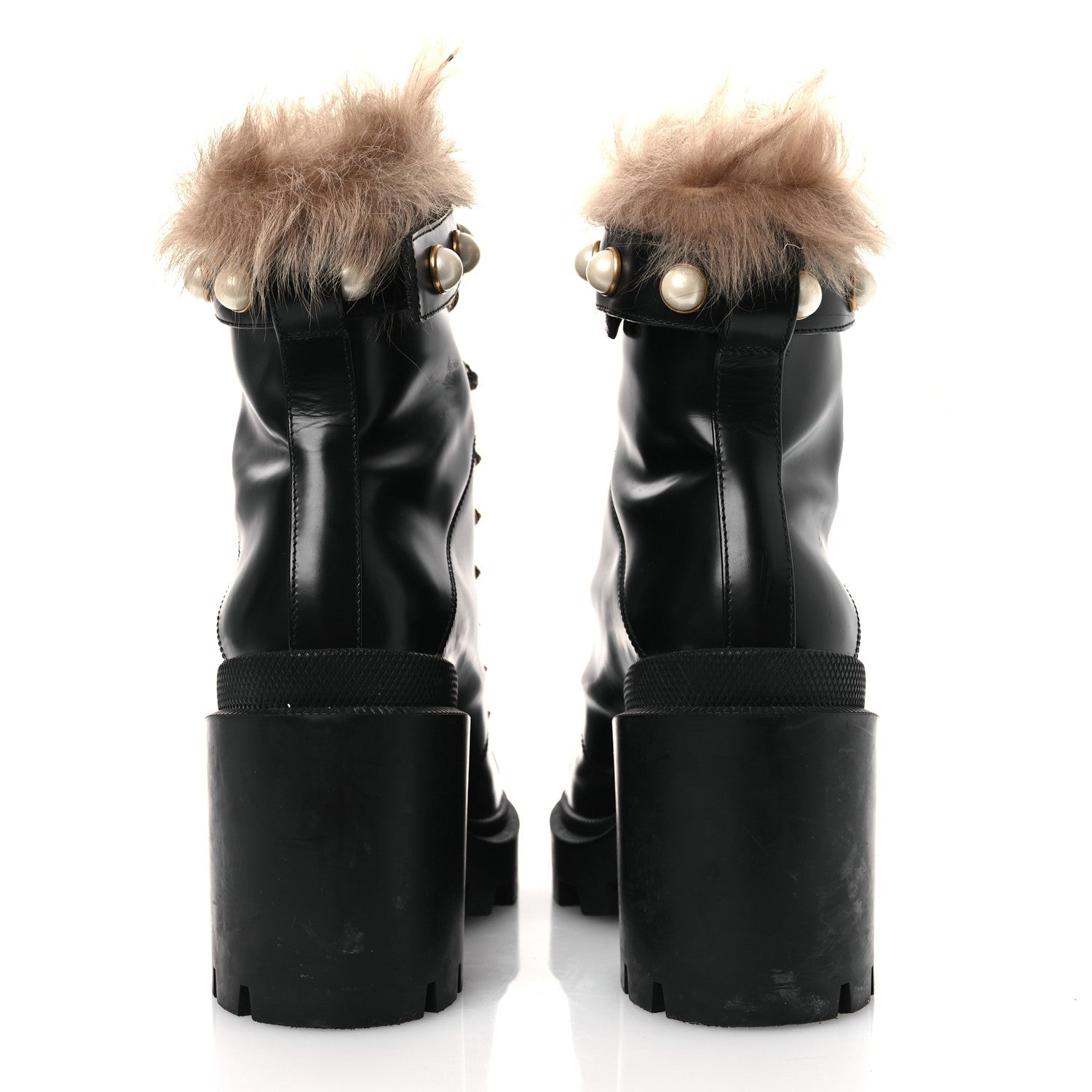 Gucci Magnum Calfskin Fur Pearl Lace Up Combat Ankle Boots 39.5 Black Naturale