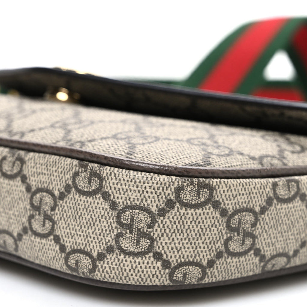 Gucci GG Supreme Monogram Textured Dollar Calfskin Web Mini Ophidia Envelope Shoulder Bag Beige Ebony New Acero