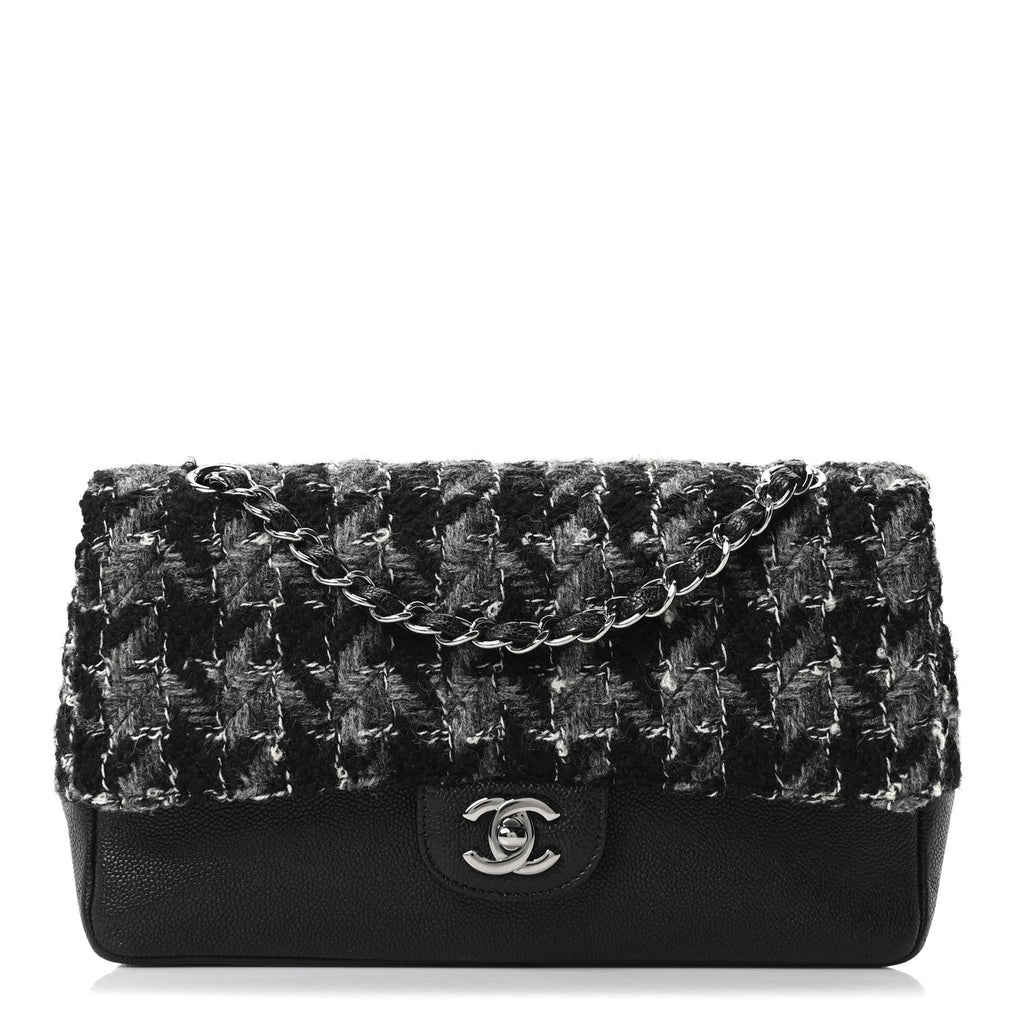 Chanel Caviar Tweed Houndstooth Quilted Medium Double Flap Black Grey