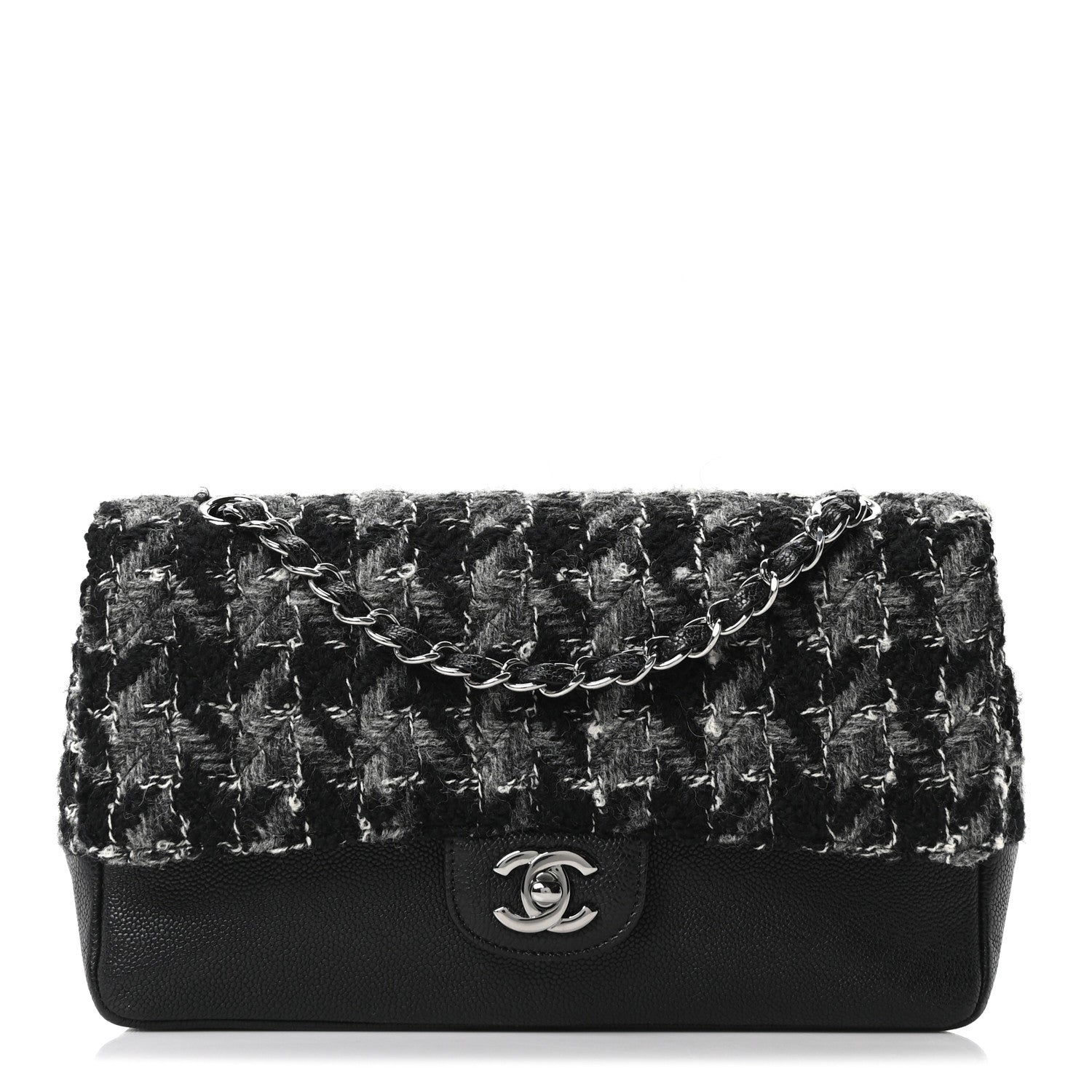 Chanel Caviar Tweed Houndstooth Quilted Medium Double Flap Black Grey