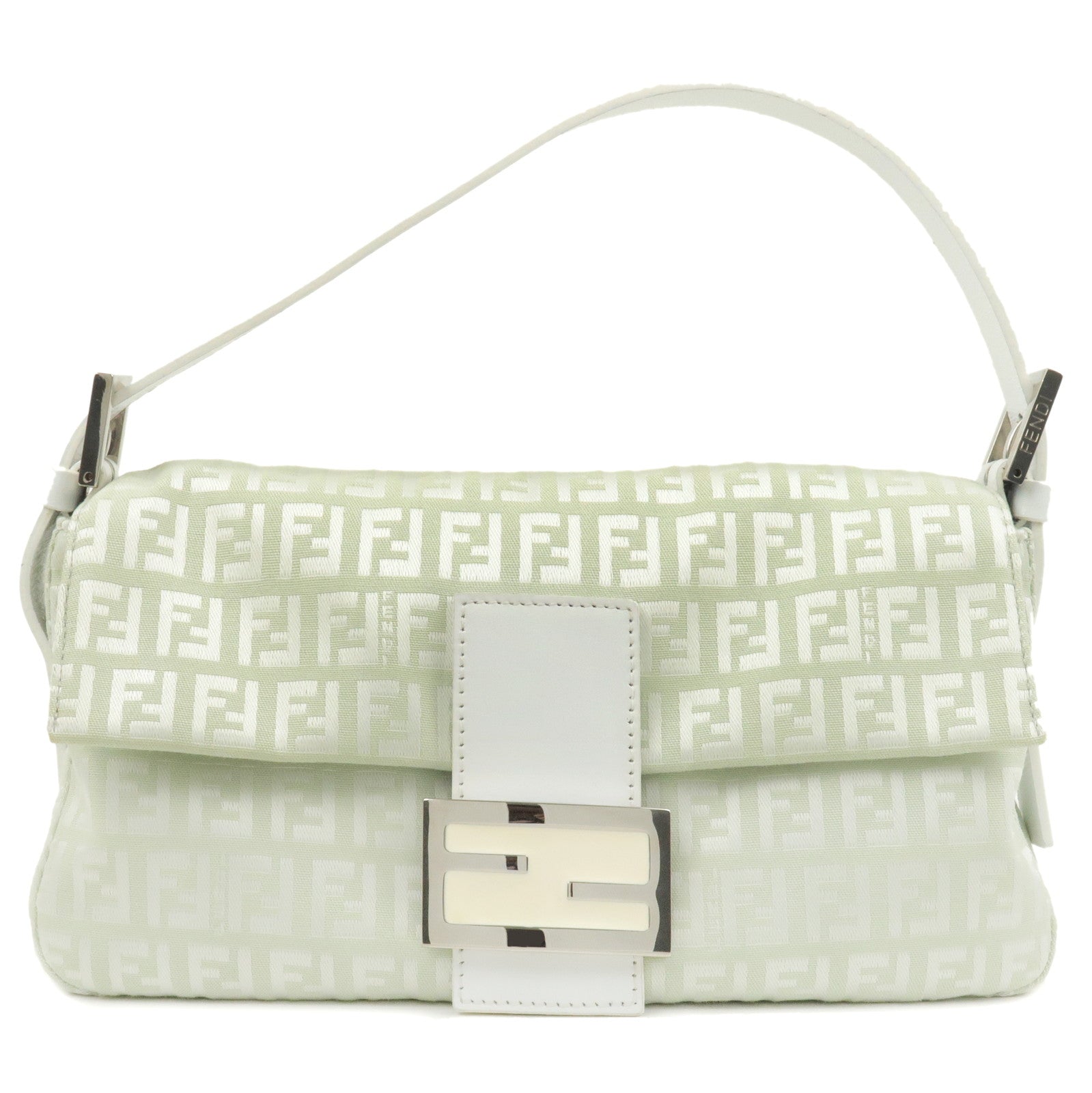 FENDI Zucchino Mamma Baguette Canvas Leather Bag White Green