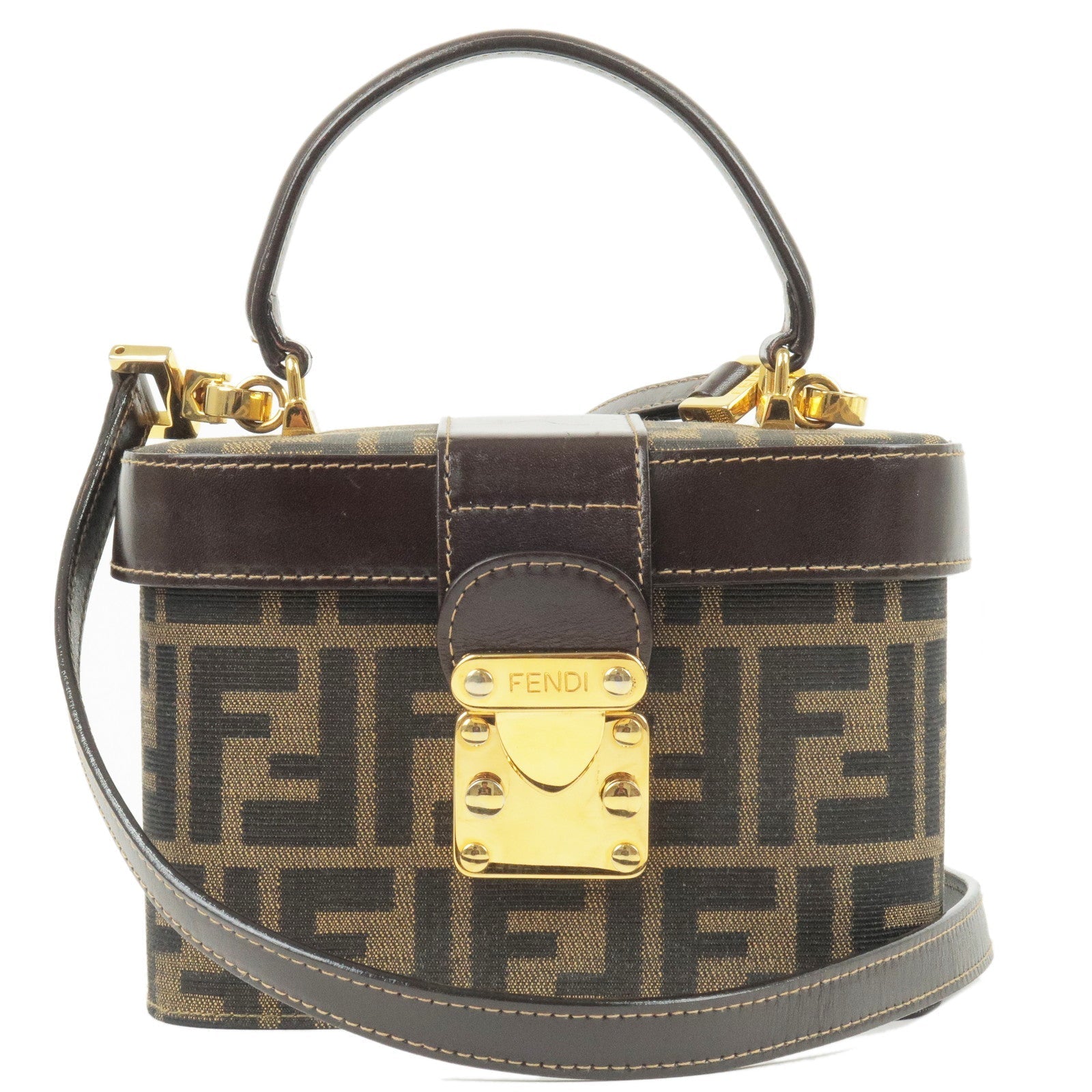 FENDI Zucca Canvas Leather Vanity Bag 2Way Bag Khaki 0914931