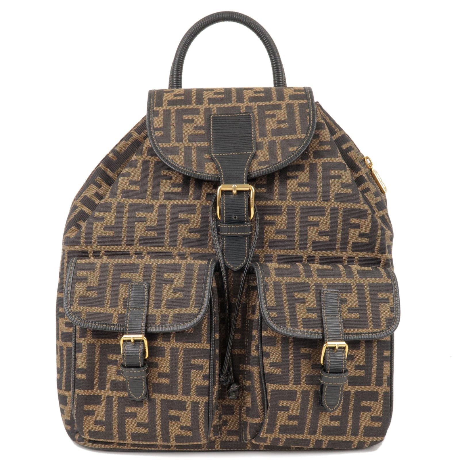 FENDI Zucca Back Pack Canvas Leather Ruck Sack Khaki Black 258460