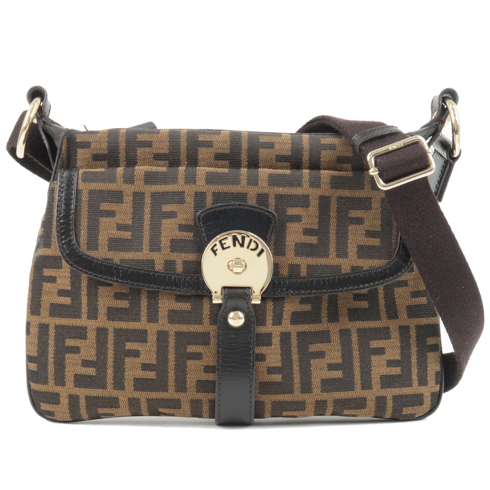 FENDI Zucca Canvas Leather Shoulder Bag Brown Black 8BT141