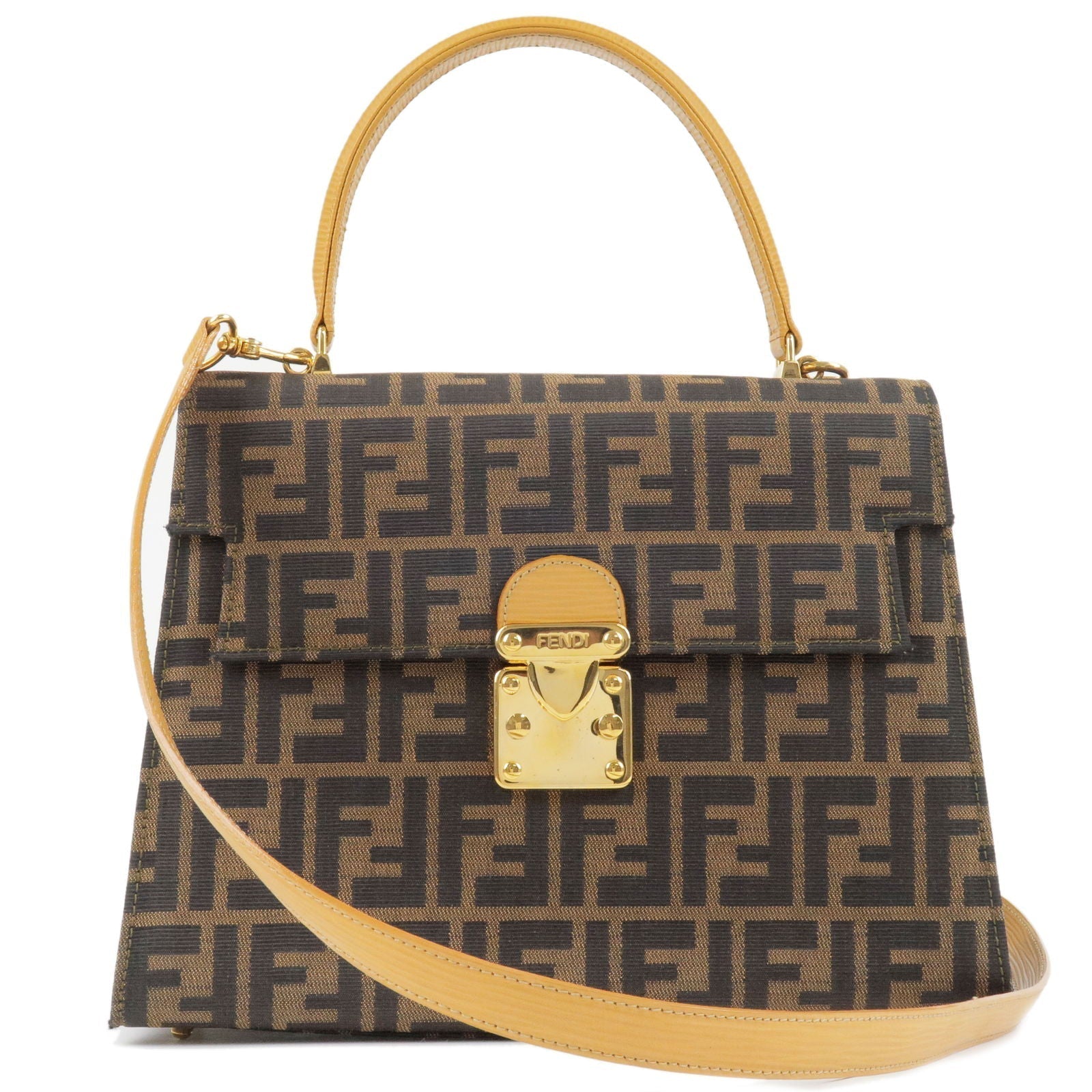 FENDI Zucca Canvas Leather 2Way Bag Hand Bag Khaki Black