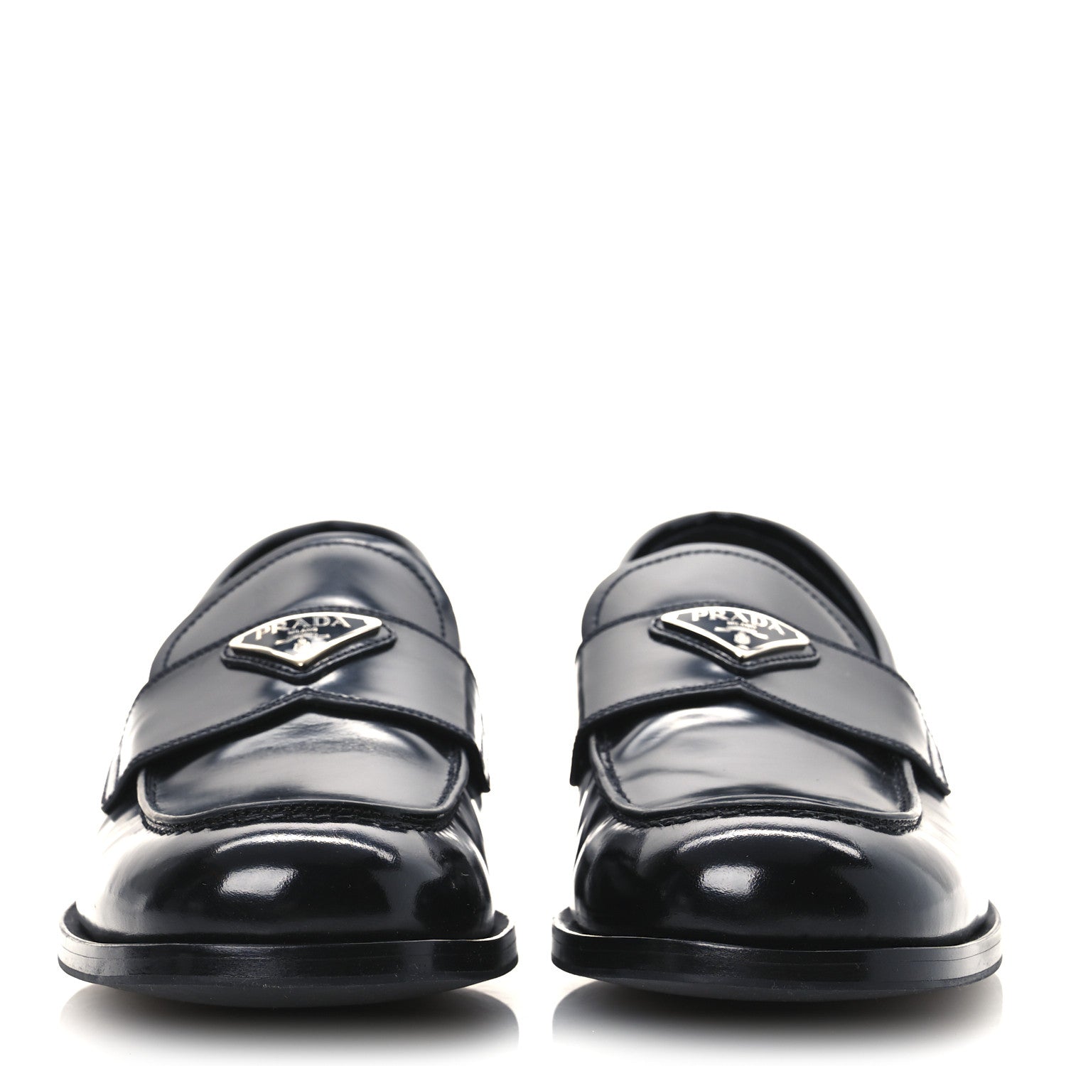 Prada Spazzolato Fume Metal Triangle Logo Mens Loafers 8.5 Black