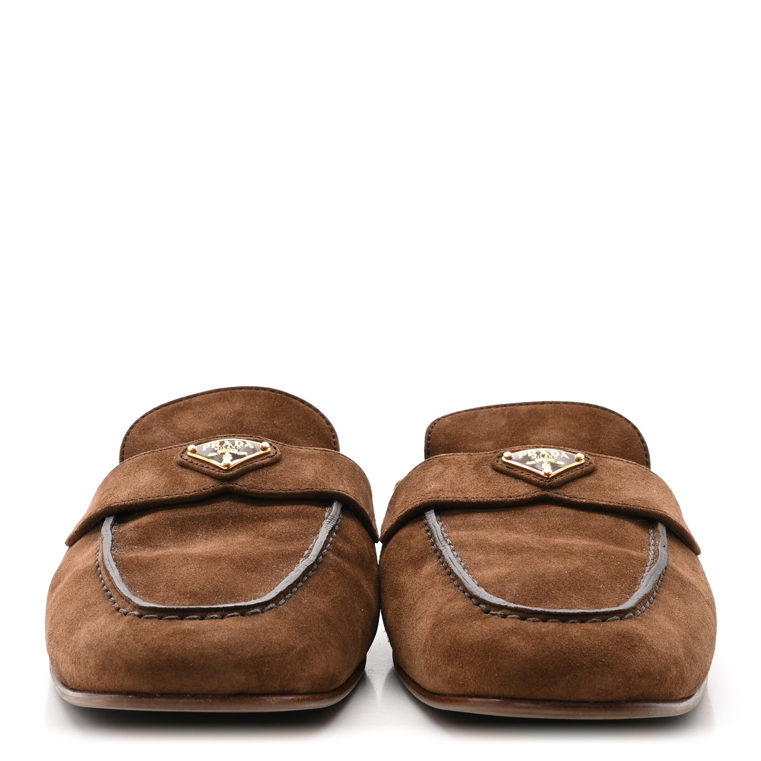 Prada Suede Metal Triangle Logo 10mm Loafer Mules 40 Cannella