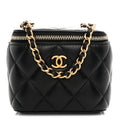 Chanel Lambskin Quilted Mini Pearl Crush Vanity Case With Chain Black