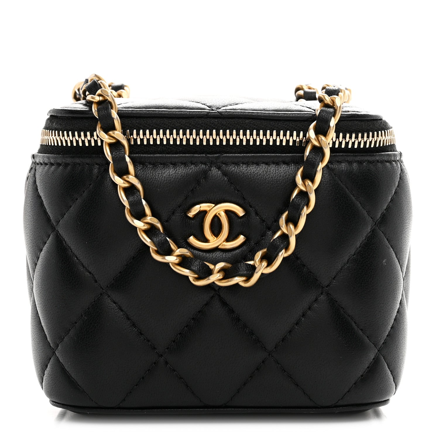 Chanel Lambskin Quilted Mini Pearl Crush Vanity Case With Chain Black