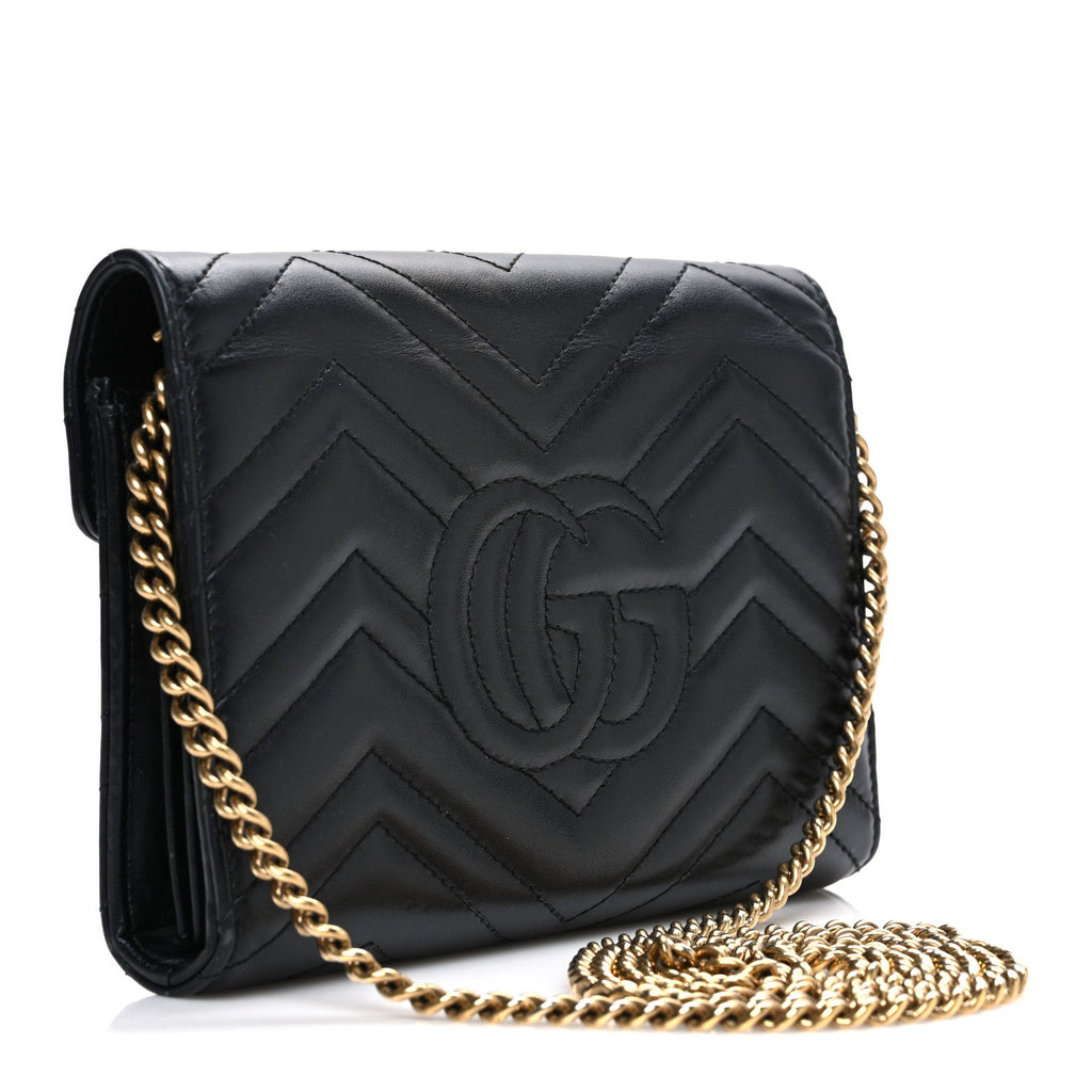 Gucci Calfskin Matelasse GG Marmont Chain Wallet Black