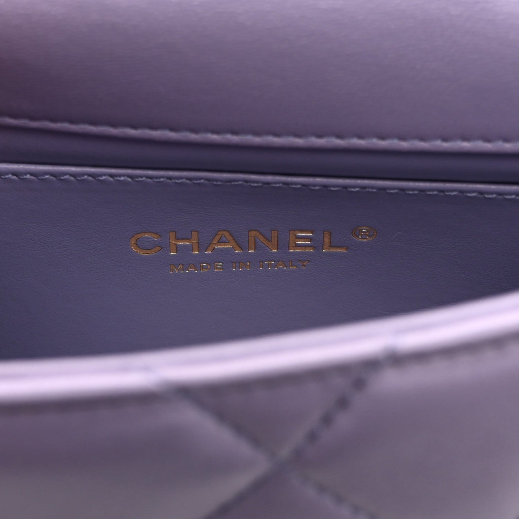 Chanel Shiny Lambskin Quilted Mini Pearl Logo Flap Light Purple