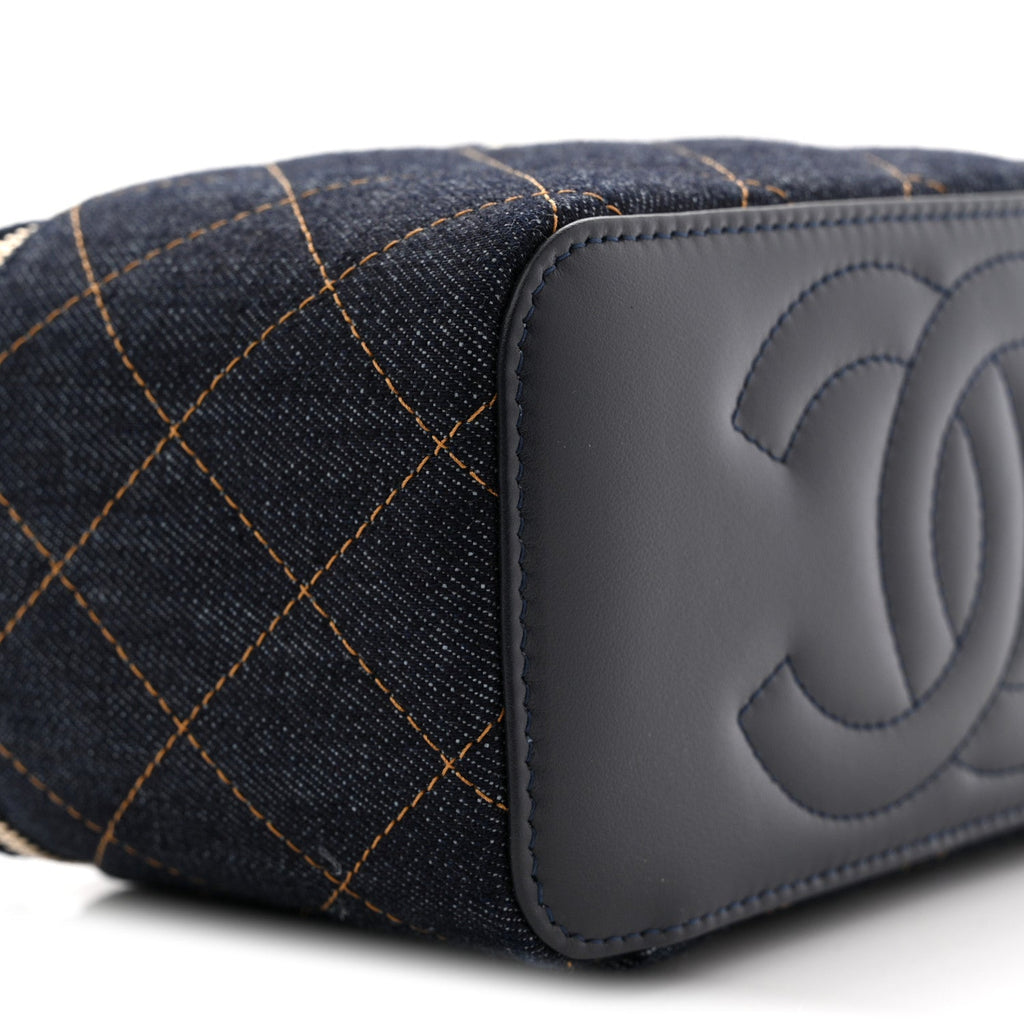 Chanel Denim Quilted Vanity Case With Chain Dark Blue