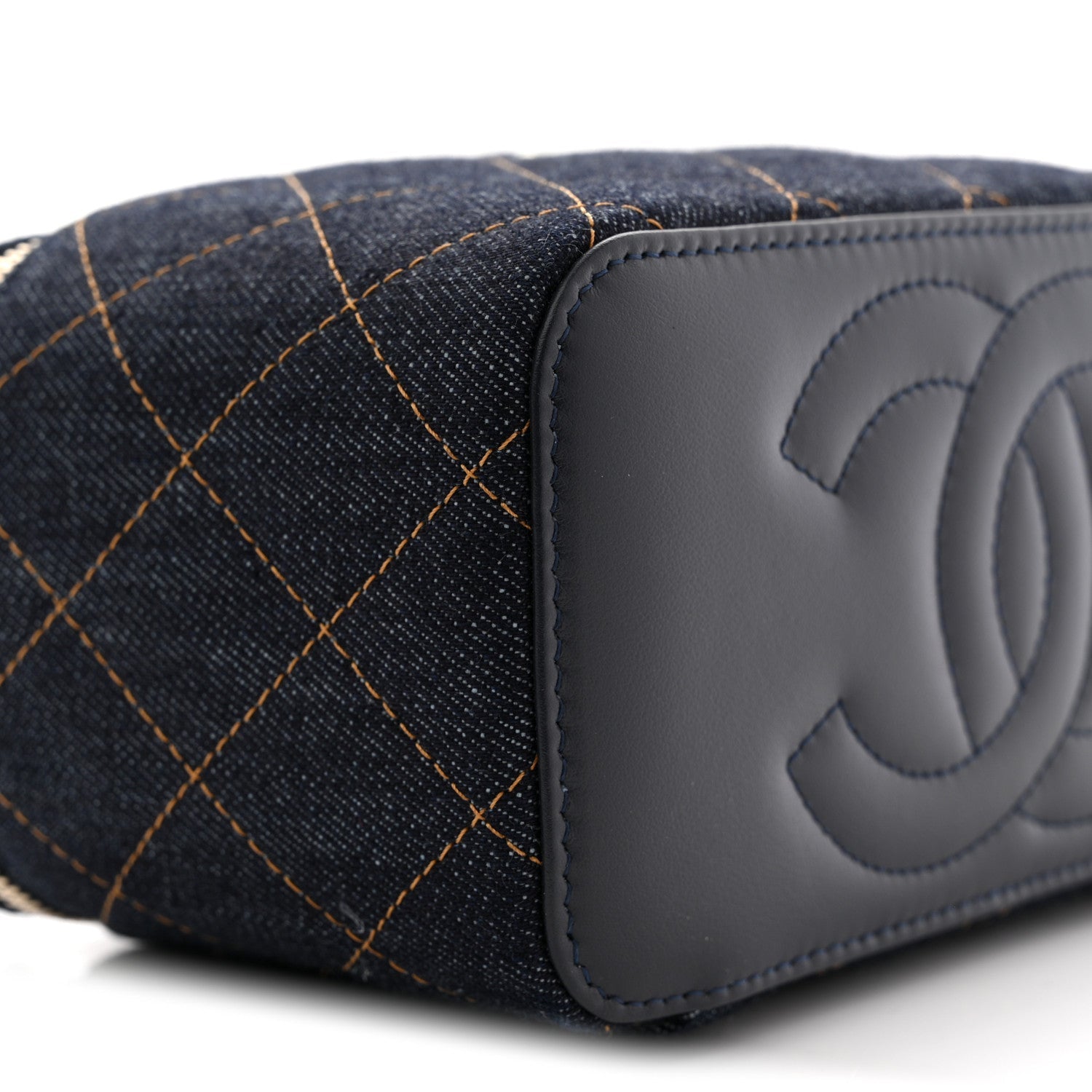 Chanel Denim Quilted Vanity Case With Chain Dark Blue