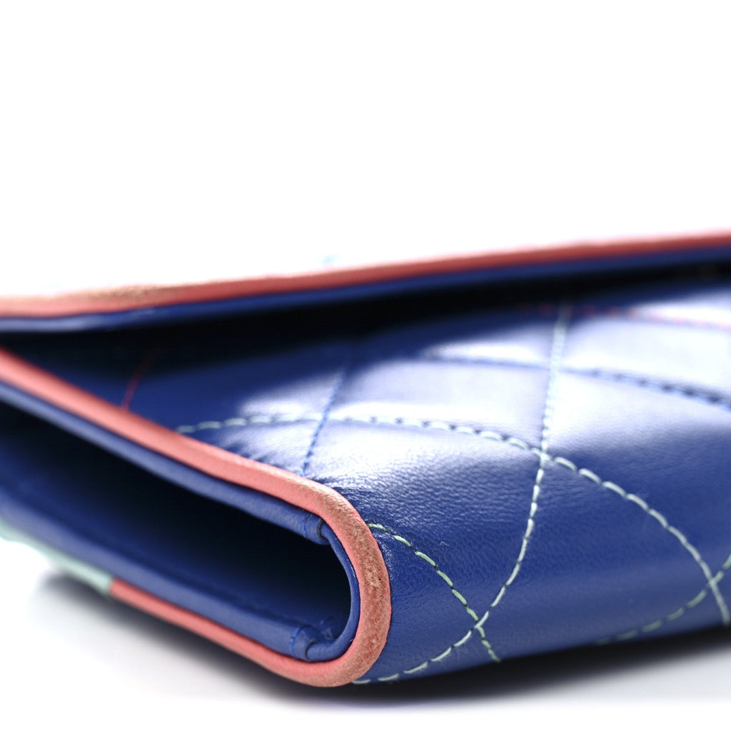 Lambskin Quilted Cuba Long Flap Wallet Blue Multicolor