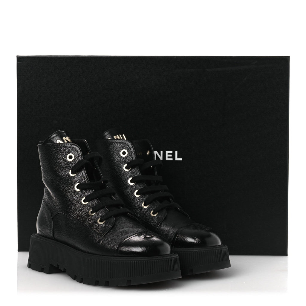 Grained Calfskin Shiny Calfskin CC Lace Up Combat Boots 38.5 Black
