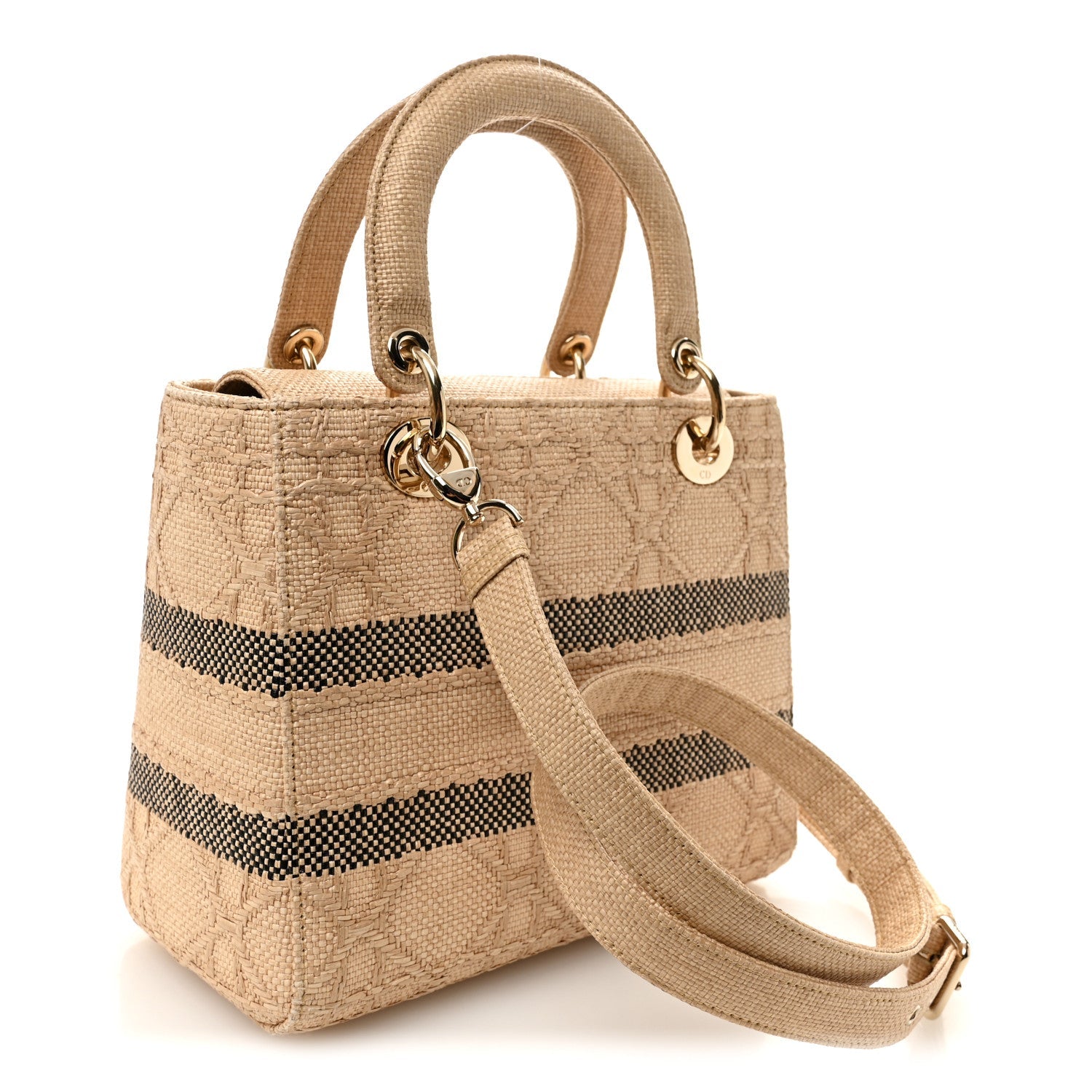 Christian Dior Raffia Woven Cannage Embroidered Medium Lady D-Lite Natural Black