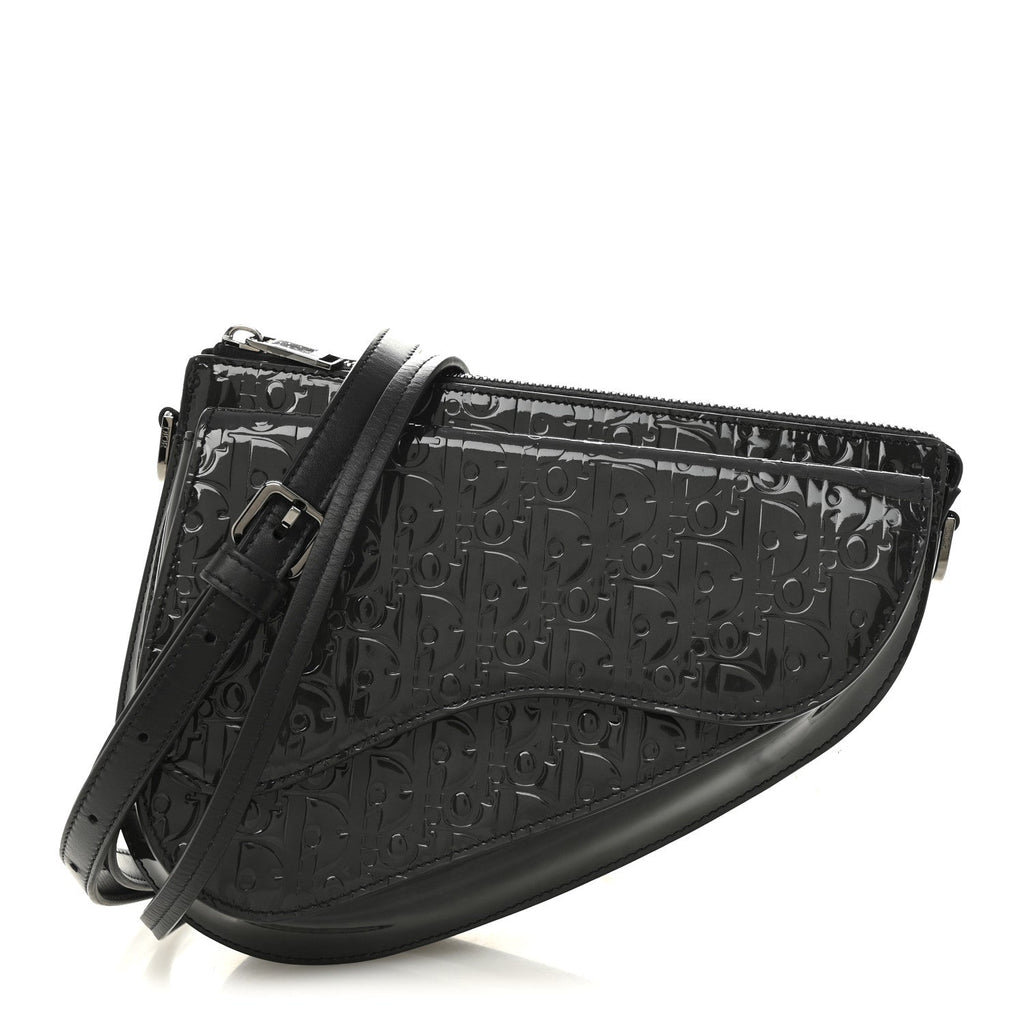 Christian Dior Patent Oblique Embossed Saddle Boxy Bag Black