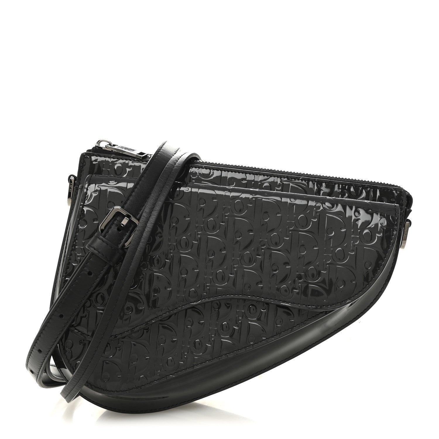 Christian Dior Patent Oblique Embossed Saddle Boxy Bag Black