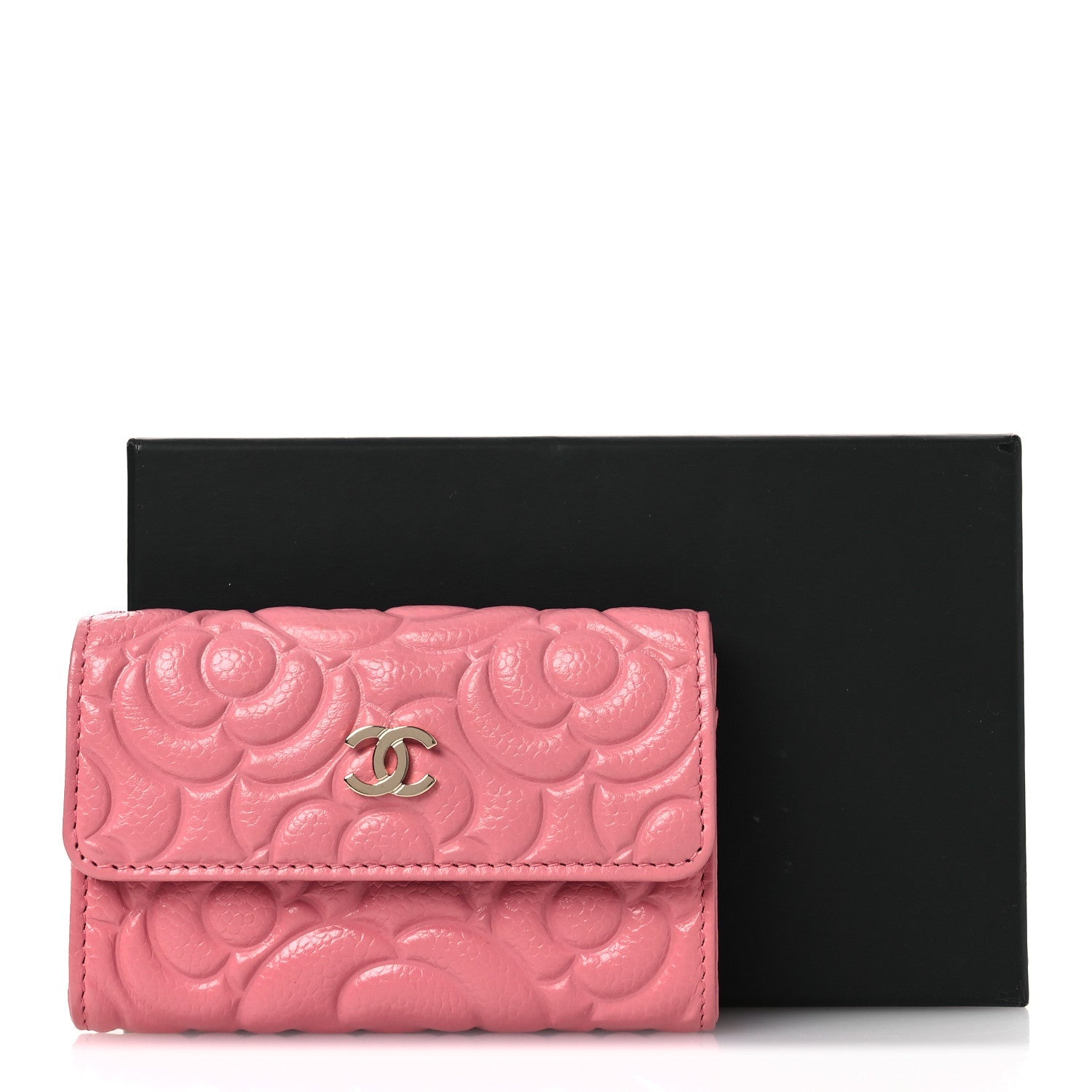 Caviar Camellia Embossed Card Holder Wallet Pink
