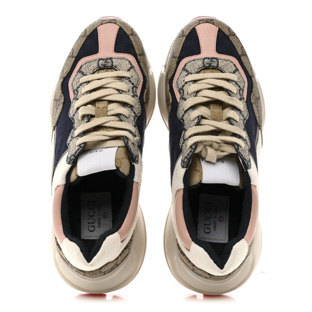 Gucci GG Supreme Monogram Mix Monogram Womens Rhyton Sneakers 37.5 London Blue Beige Pale Pink