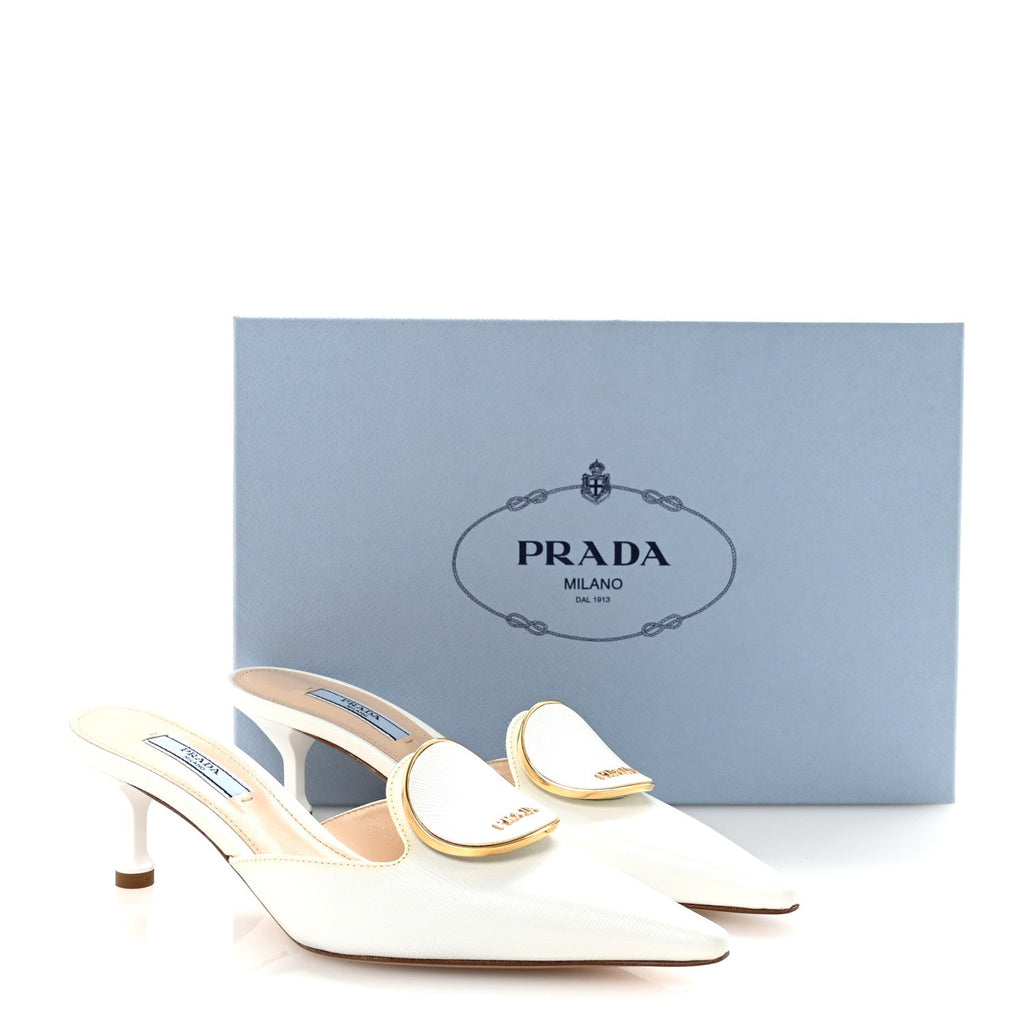 Prada Saffiano Logo Pointed Toe 50mm Mules 36 White