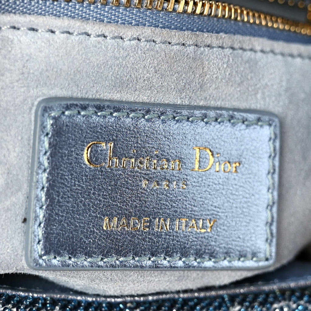 Christian Dior Metallic Calfskin Satin Celestial Bead Embroidery Cannage Mini Lady Dior Blue